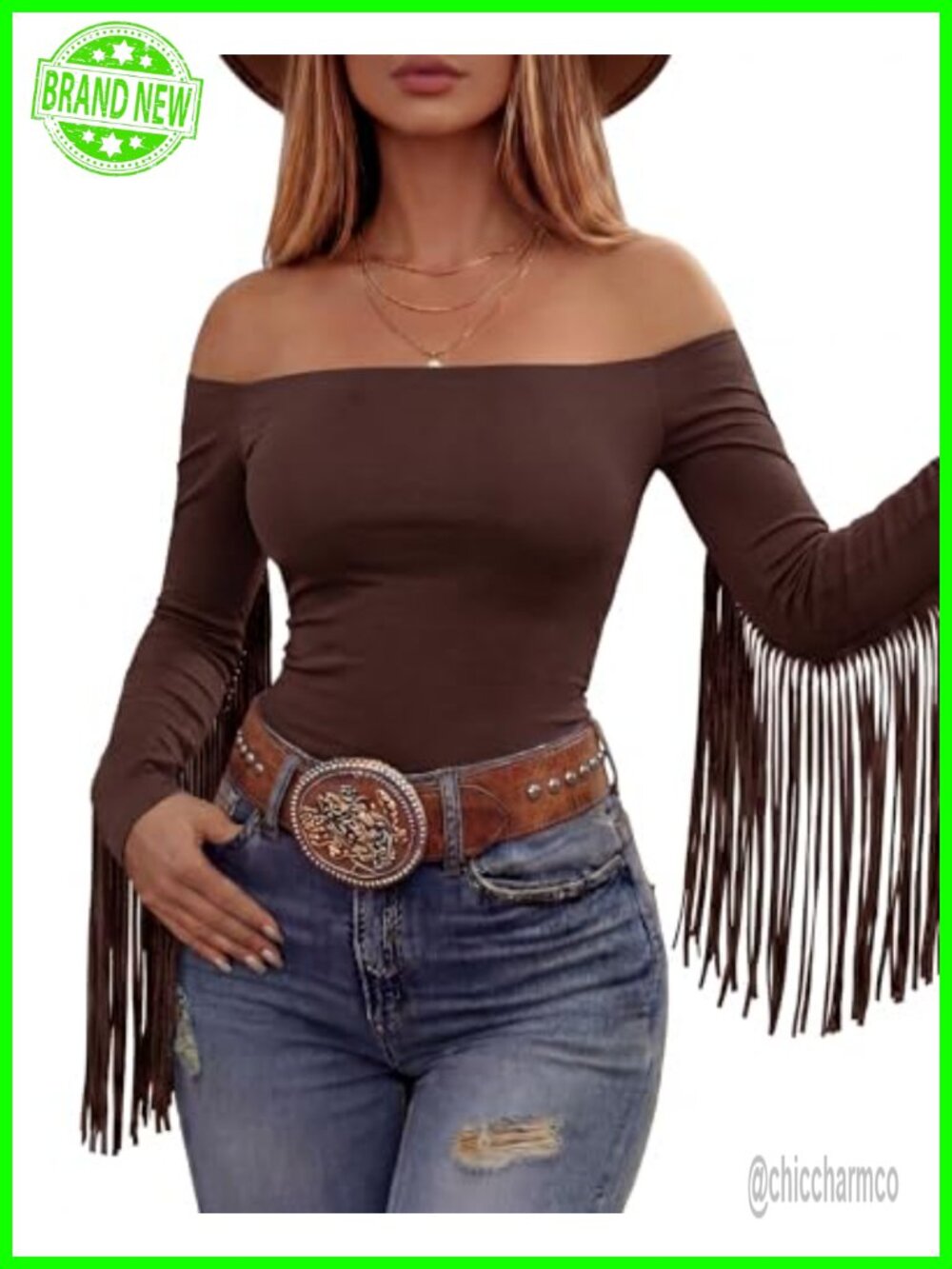 Women's Off Shoulder Fringe Top Long Sleeve Fitted Western Cowgirl Shirt